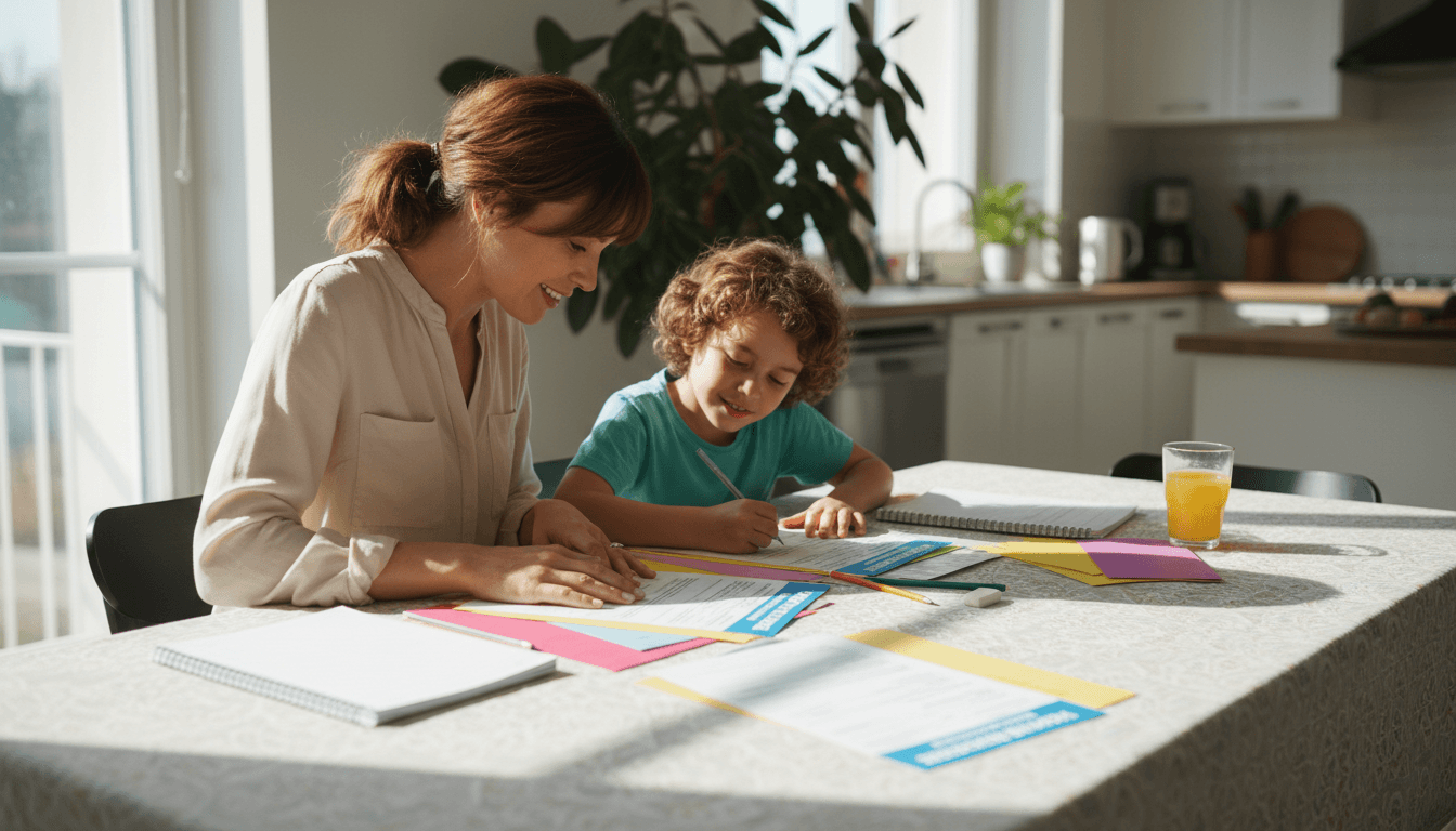 Parent and child filling out school forms at a kitchen table with natural light